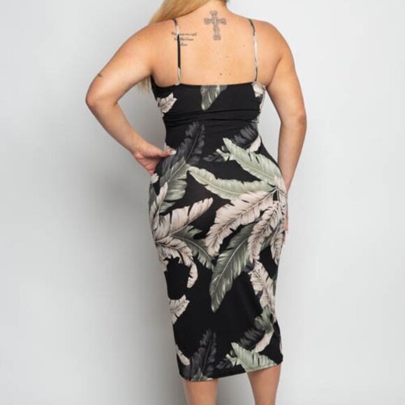 Women's Plus Size Tropical Black Print Slit Midi Bodycon Cami Dress - Picture 2 of 2